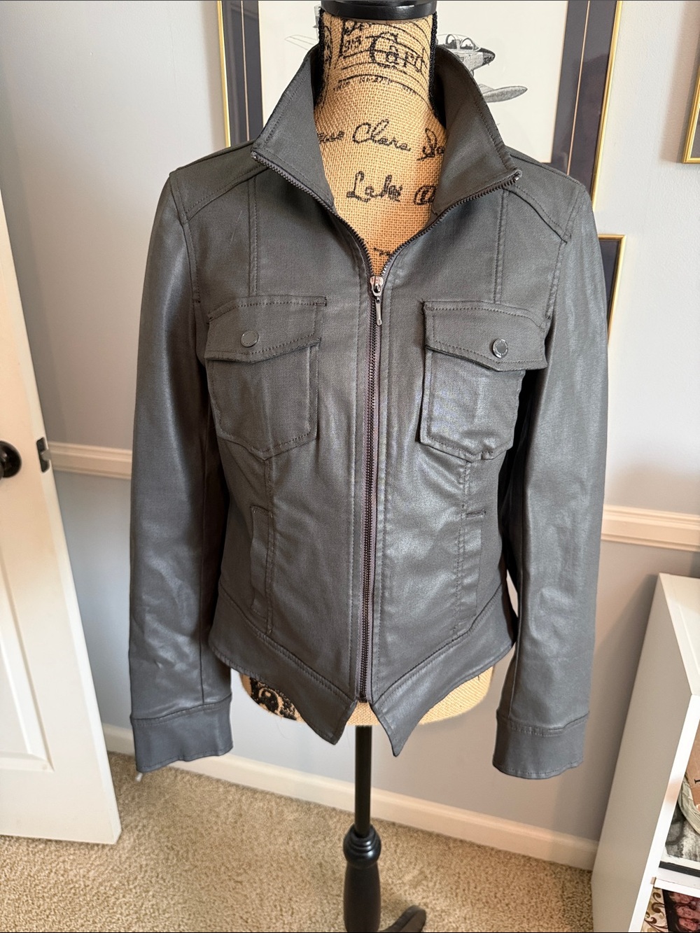 White House Black Market Women’s Gray Zip-Front Faux Leather Jacket